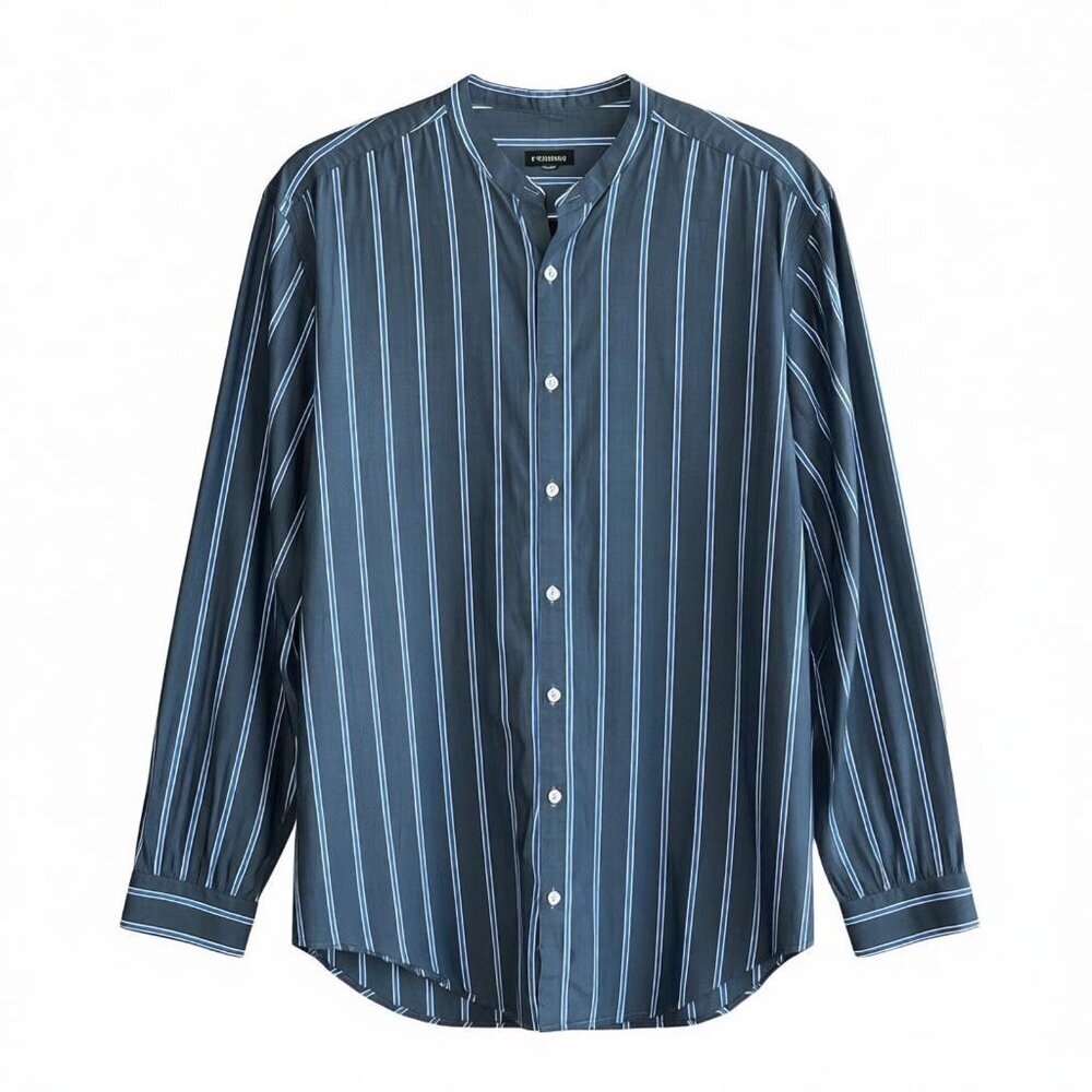 J. Peterman Men's Granddad Shirt Blue Multi-Stripe Band Collar Size Medium